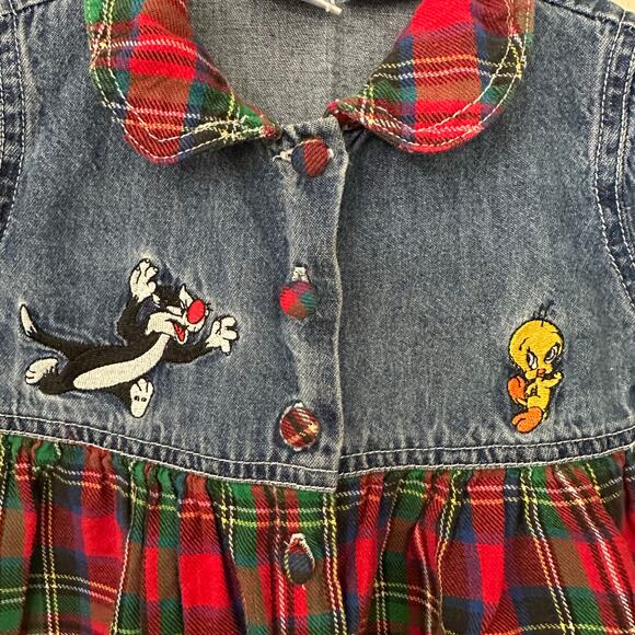 ACME Baby Dress Embroidered Tweety Bird Sylvester Size 6 Denim Plaid Tartan 90s - Picture 2 of 9